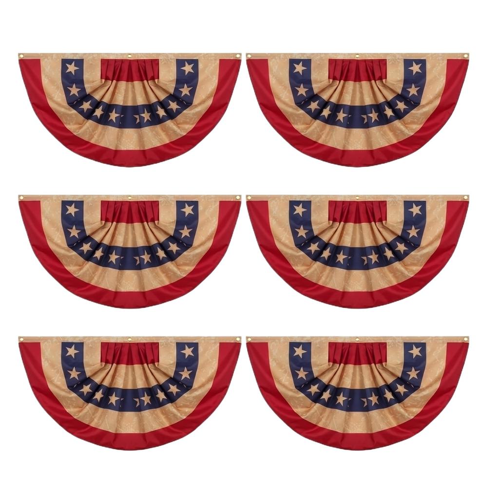 6 Piece 60x120cm Vintage Style Half Round Flag Banner Fan Shaped Hanging Bunting for Outdoor and Indoor Memorial Decoration