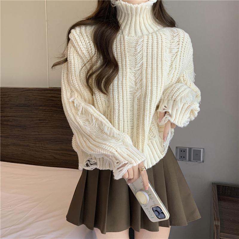 Women Autumn Winter High Collar Long Sleeve Wardrobe Staple Distressed Ripped Holes Solid Color Comfy Loose Pullovers Knitted Sweater Top