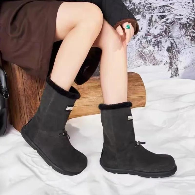 Modische Wildleder Schneestiefel Damenschuhe Winter Mittelhohe Stiefel Outdoor Mit Samt Gefütterte Damen Rutschfeste Baumwollschuhe Warme Flache Damenstiefel