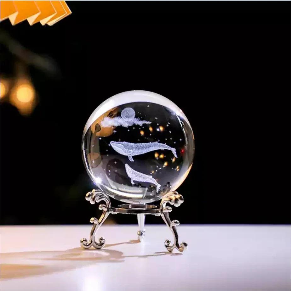 60mm 3D Crystal Ball Laser Engraved Glass Ornaments Animal Figurine Collectibles Paperweight Home Art Decor with Stand
