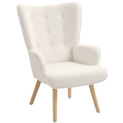 Living Room Armchair In Boucle Fabric, Tufted and Padded Armchair with Wooden Feet, 71 X 74 X 96 Cm, Beige