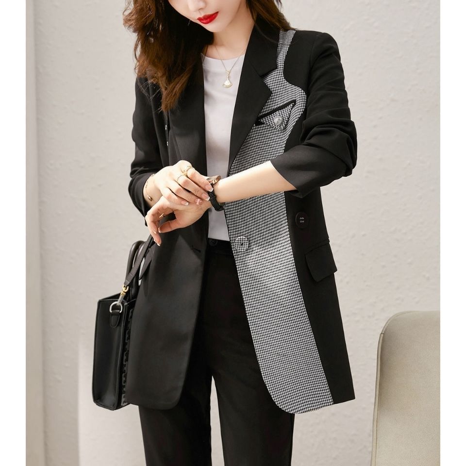 Autumn Contrast Leisure Blazers for Women Plaid Blazer Splicing Office Lady Notched Coats Plus Size 4xl