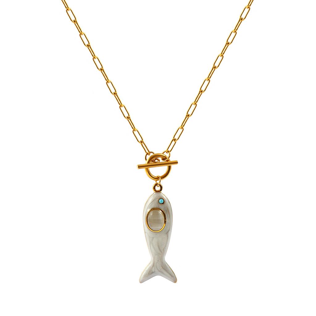 Fisch Emaille Blaue Strasssteine Anhänger Charm Halskette 18K Gold Beschichtet 304 Edelstahl Paperclip Glieder Kette Ozean 45cm(17.7 ")lange