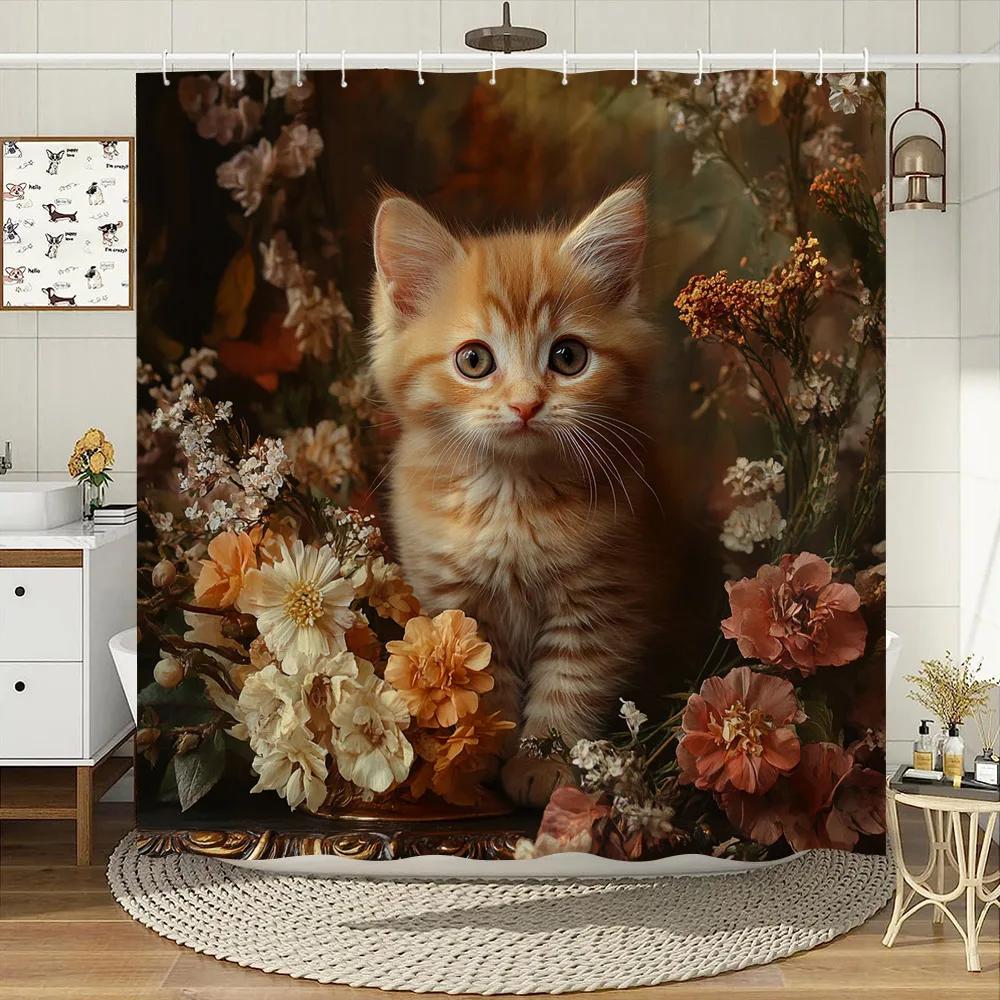 

Vintage Style Cute Cat Shower Curtain Watercolour Blooming Flowers Polyester Fabric Home Bath Curtains Bathroom Decor With Hooks W60H190(CM)-1 Pcs