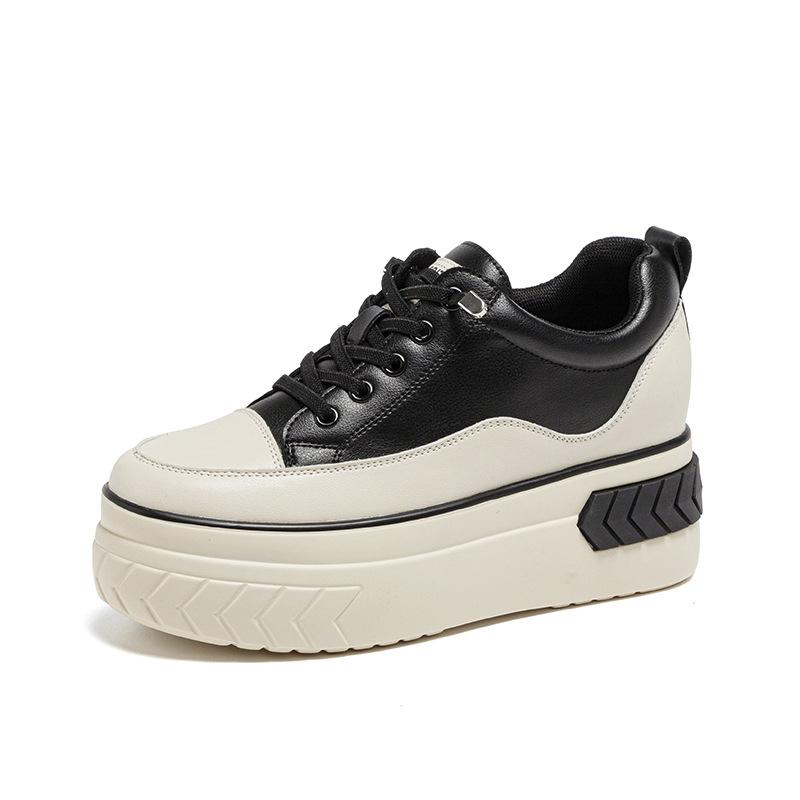 Board shoes cowhide autumn new muffin single shoes high heel thick sole inner height increase casual high top shoes short boots women's shoes