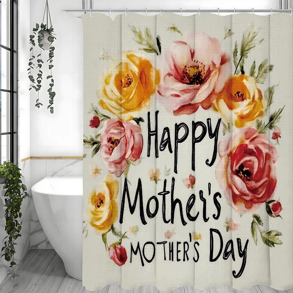 ~O~Happy Mother's Day Floral Shower Curtain, Bathroom Decorative Shower Curtain, Waterproof Shower Curtain with Hooks