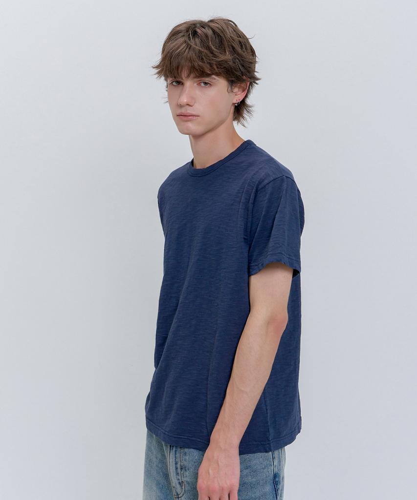 PSSHOPPER [Refurbished] Semi-Crop Slub Vintage Short Sleeve T-Shirt [Navy]