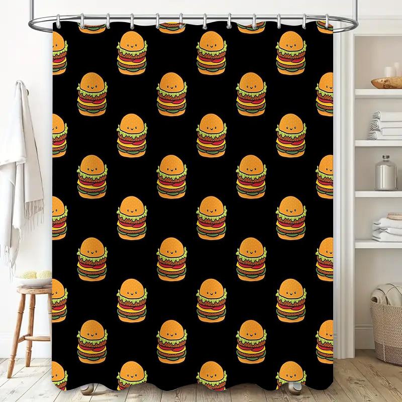 Burger Shower Curtain Cute Fast Food Pattern Waterproof Bathroom Decor Washable Liner Vintage Kitchen Backdrop