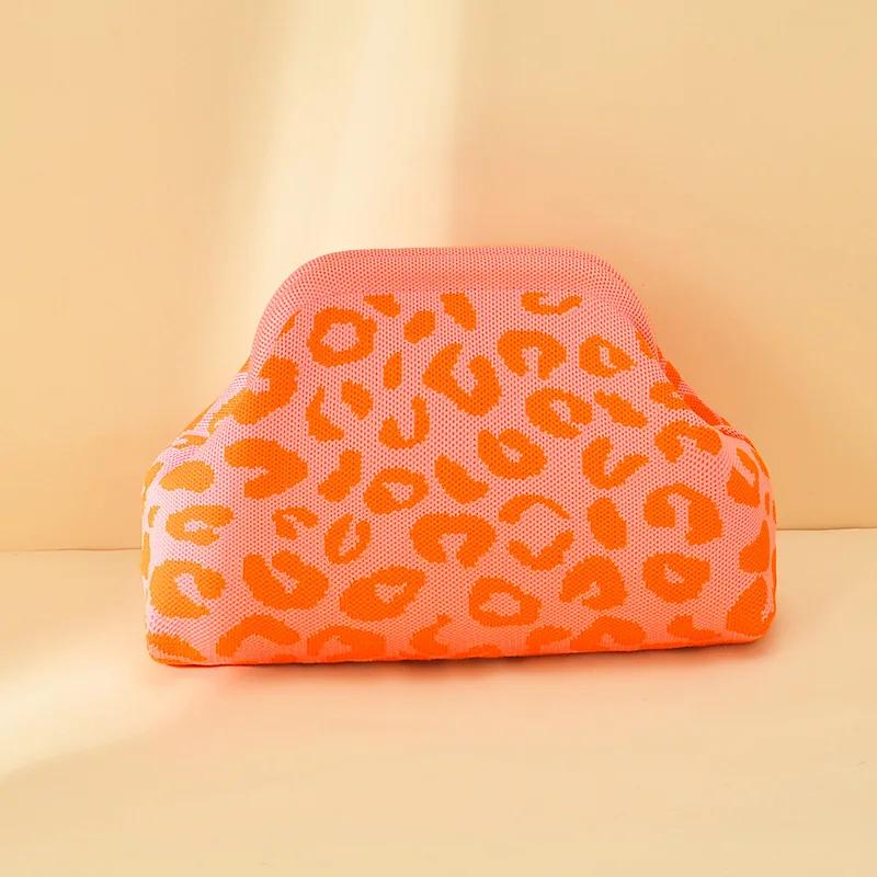 

Leopard Print Knitted Clutch Bag Large Capacity Foldable Cloud Ruched Block Grid Clip Bag for Women Beach Crossbody Handbag