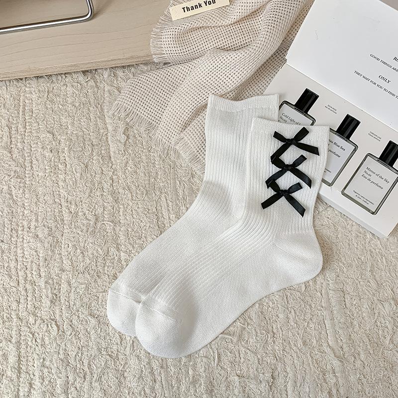 Bow-tie Socks for Girls, Lolita Mary Jane Solid-colored Mid-top Cotton Socks, Versatile for Spring and Autumn