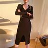 Elegantní Office Lady Bodycon Pletené šaty Ženy Sexy vlnité Společenské šaty s výstřihem do V Podzim Zima Slim Fit Šaty pod kolena s dlouhým rukávem