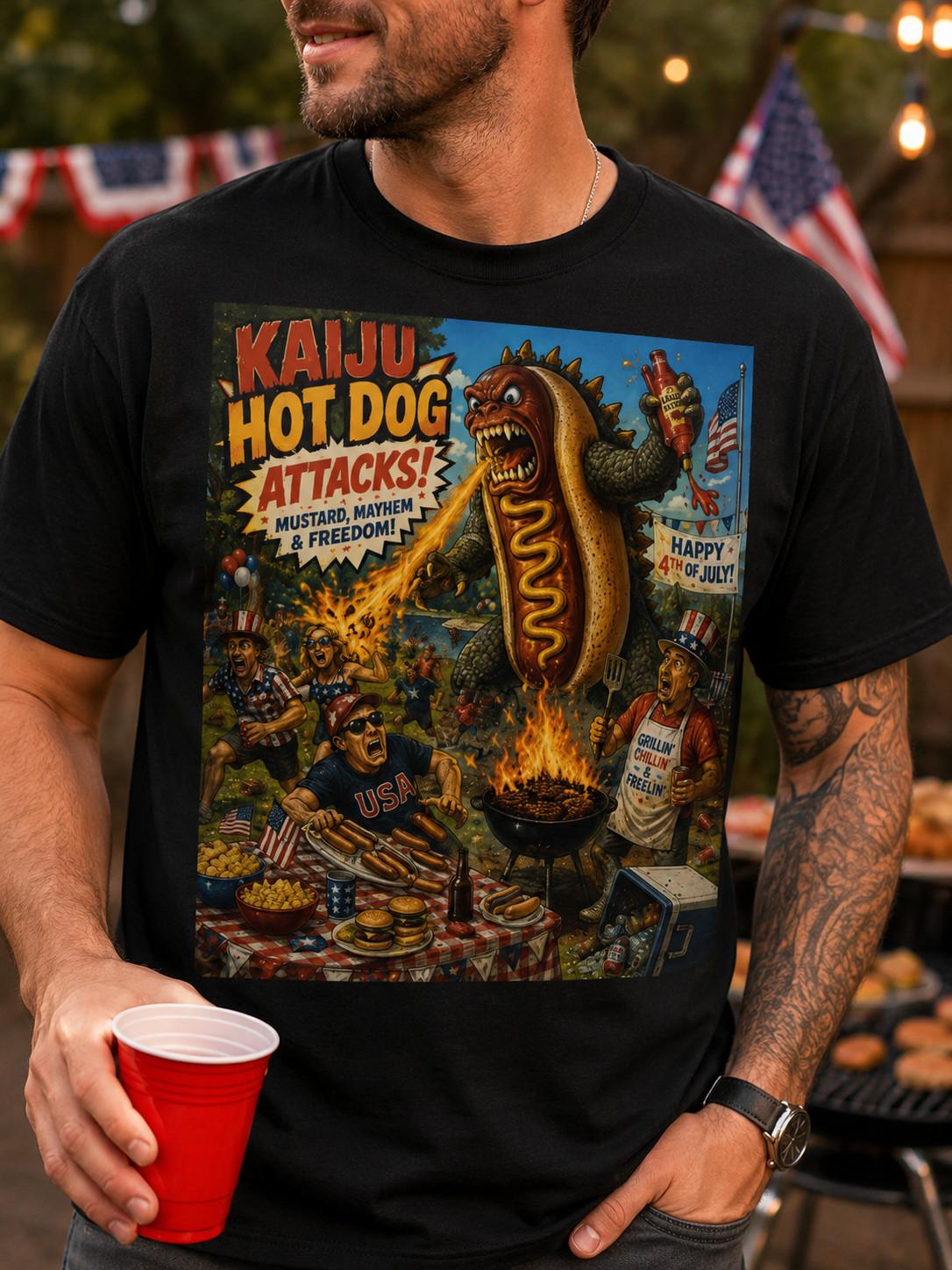 Kaiju Hot Dog Attacks! T-Shirt | Retro Monster, 4th of July BBQ 4XL