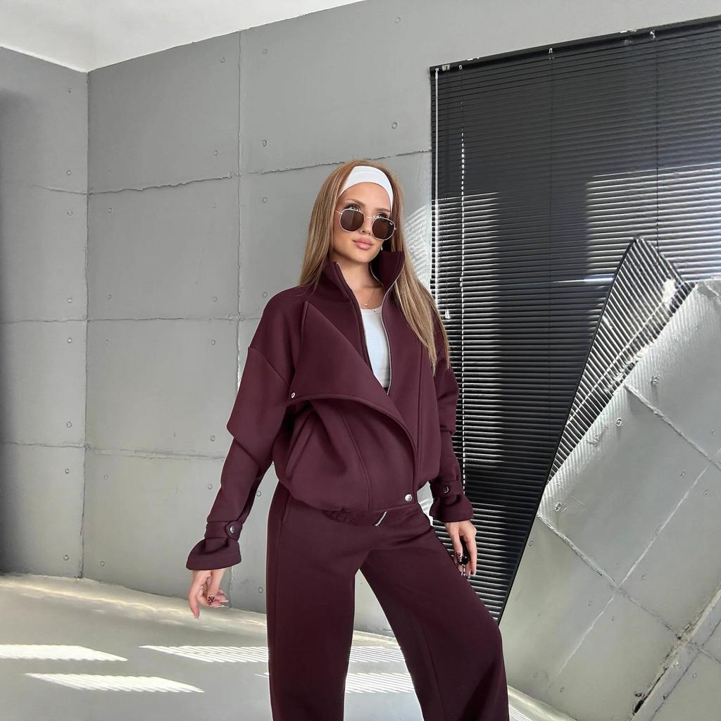 1116 European and American autumn and winter women's clothing trend fashion casual solid color breasted zipper jacket straight trousers set