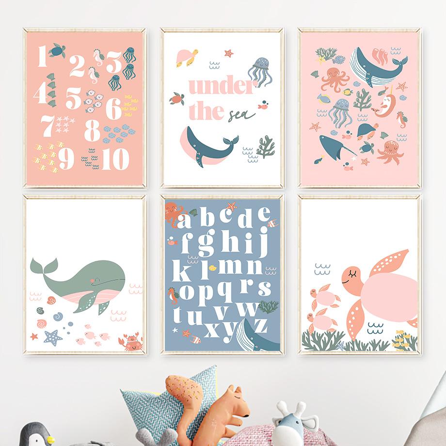 

Кит с алфавитом и цифрами под водой, морская настенная живопись на холсте, плакаты на скандинавскую тему и принты, настенные панно, декор для детской комнаты