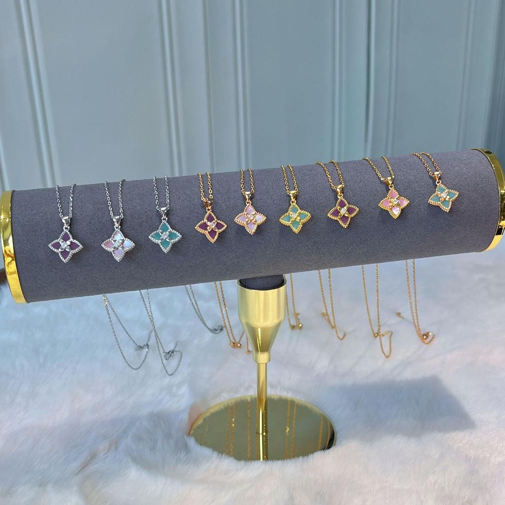 Light Luxury Powder Shell Purple Chalcedony Laser Four-Leaf Clover Five-Flower Bracelet Retro Court Style Sweet Temperament Necklace