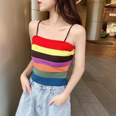 Kolorowy Pasiasty Mały Top Damski Letni Bezrękawnik Odzież Wierzchnia Amerykański Trend Krótki Dzianinowy Top Damski
