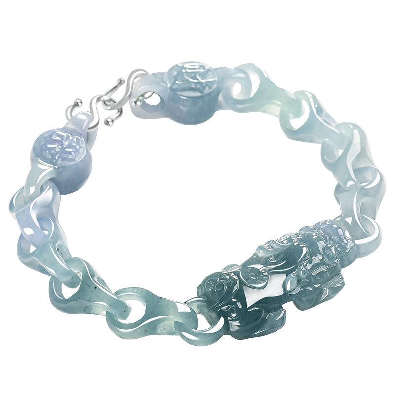 Natural A-Grade Blue Water Jade Pixiu Bracelet - Ice-Type Jade Jewelry for Men and Women 17-18 cm