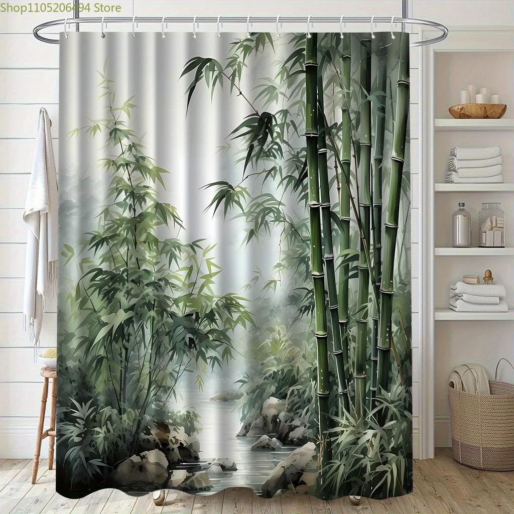 JIT1pcs Bamboo Pattern Printed Bath Curtain, High-end Elegant and Convenient Installation for Bathroom Curtain, Suitable for H
