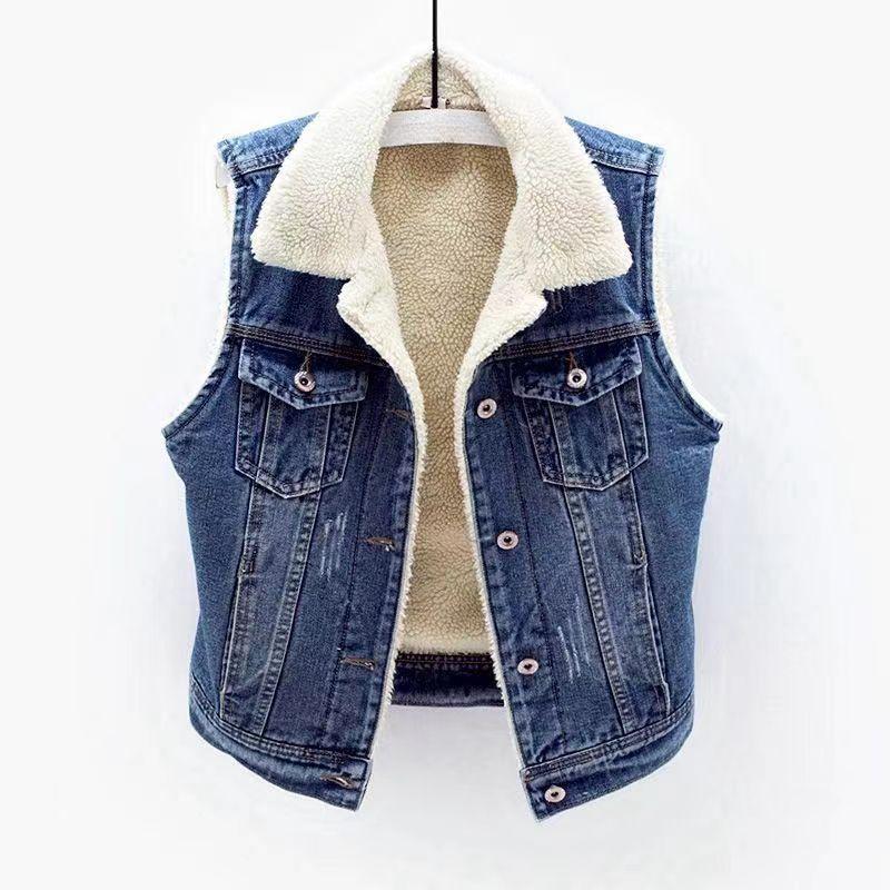 Autumn and Winter Lambswool Plus Velvet Thickened Patch Denim Vest Women's Loose Vest Waistcoat Jacket