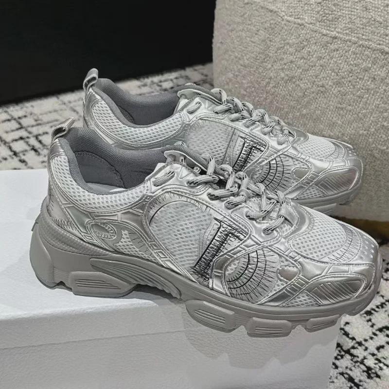 D's Mesh Contrast Running Shoes: Stylish Couple's Dad Shoes with Thick Sole, Lace-up Design for Men and Women