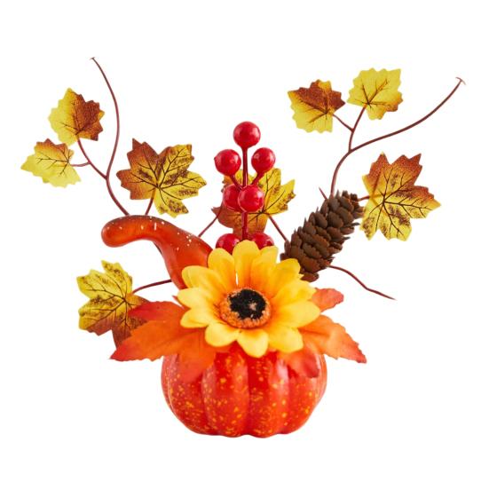 Rustic Autumn Floral Arrangement Fall Artificial Pumpkin Table Centerpiece, Fake Decoration with Sunflowers, Halloween Party Ornament Maple