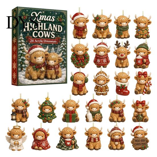 Cute Animal Collection 24 Days Christmas Advent Calendar with 2D Acrylic Dog/Cat/Cow/Duck/Flamingo Tree Hanging Decor Ornaments, Decorations