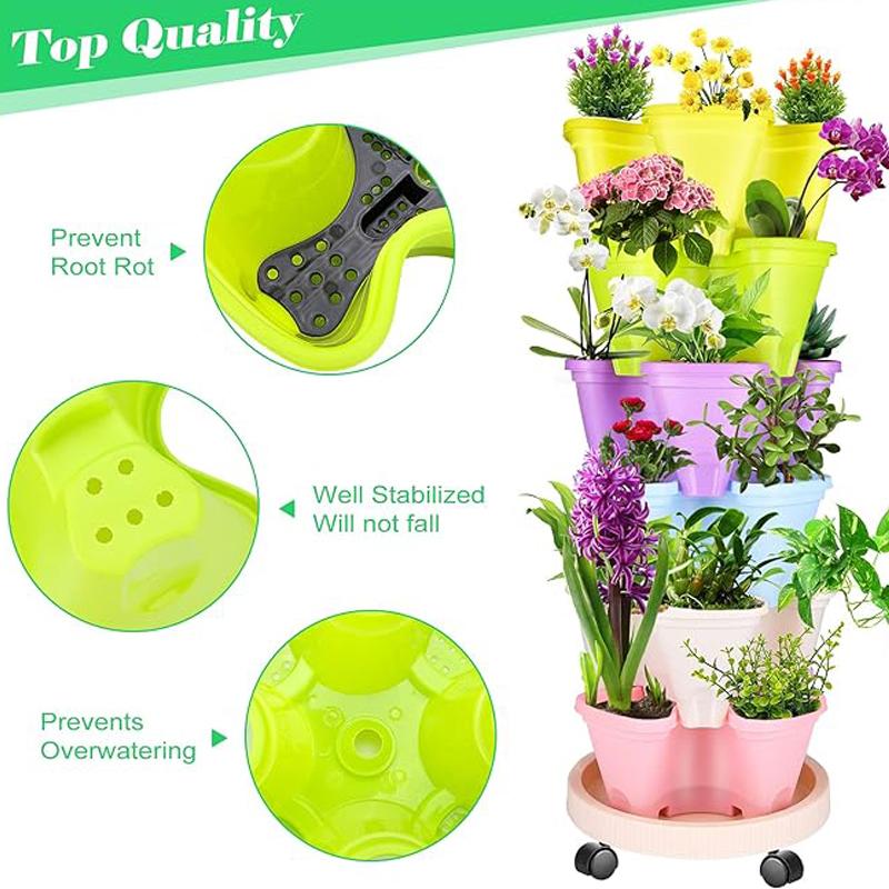 Vertical Planter Tower Garden, 6 Tiered Planter Stackable Herb Garden Planter with Movable Casters and Bottom Indoor and Outdoor