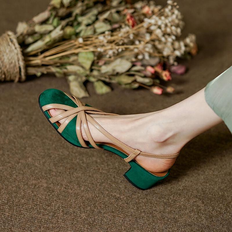 Fashion NEW Summer Women Sandals Round Toe Chunky Heel Shoes Sheep Suede Leather Shoes for Women Narrow Band Cover Toe Gladiator Shoes