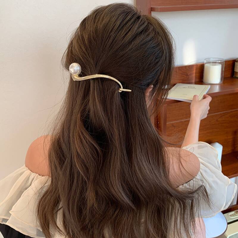 1pc Simple Métal Or Argenté Couleur Perle Pince à Cheveux Élégante Féminine Twist Pince à Cheveux Pince Requin Ornement pour Cheveux Bijou Cadeau
