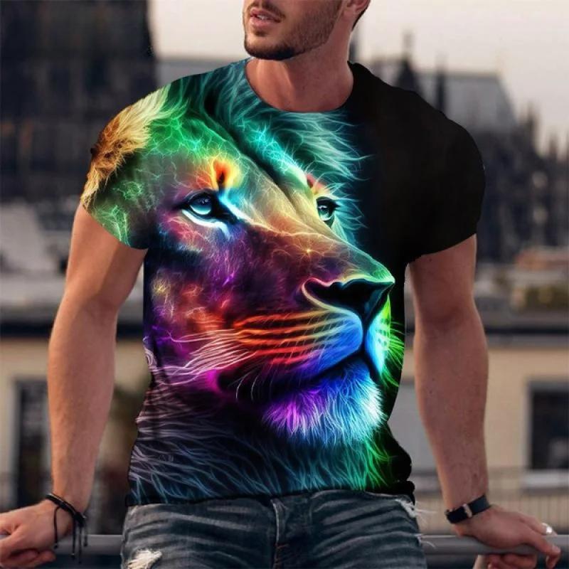 Summer Round Neck 3D Animal Lion Print Top Fashionable Casual Short Sleeved Men's T-shirts