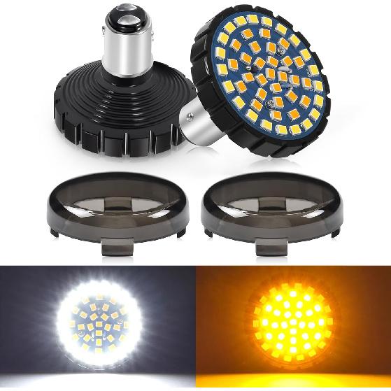 Upgrade 2" Motorcycle Front Turn Signals with Smoked Lens Covers 1157 LED Running Lights Compatible for Harley Davidson Touring Dyna Softail