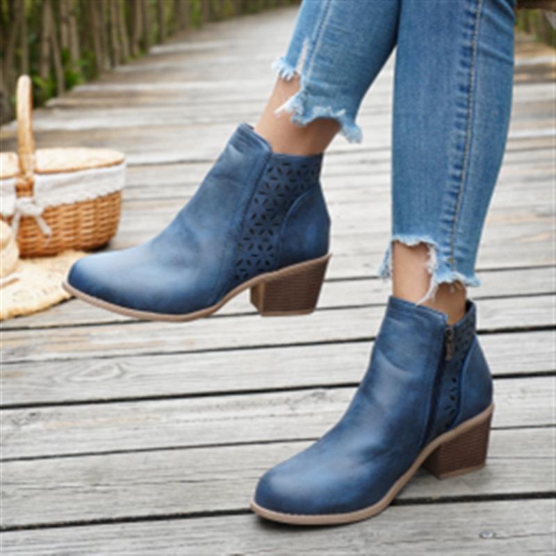 Autumn Coarse Heel Medium Heel Round Head Chelsea Boots Children's Side Zipper Hollow Fashion Women's Boots