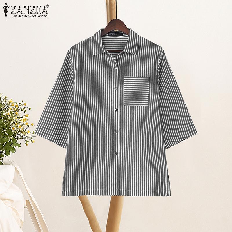 ZANZEA Women Casual Turn Down Collar Loose 3/4 Sleeve Stripe Blouse