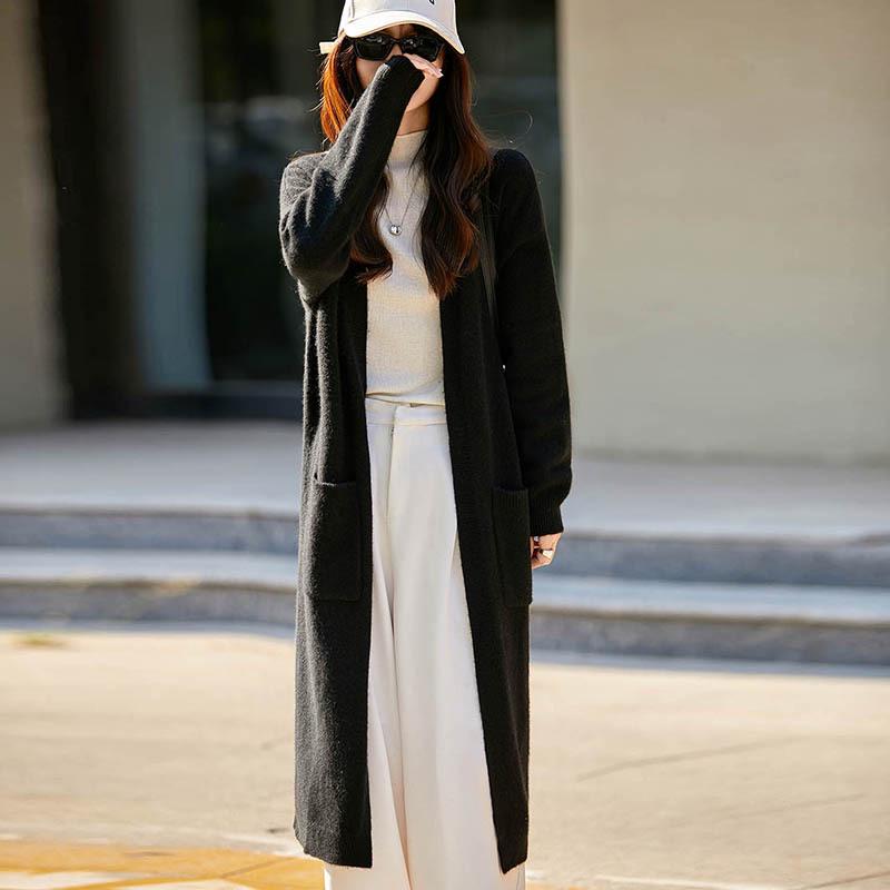 2025 Autumn/Winter Korean-Style Knee-Length Knit Cardigan - No Button, Double Pocket, Loose Fit, Solid Color