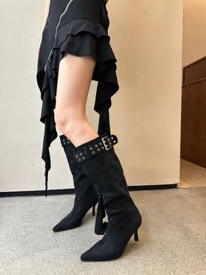 7Cm Fine Heel Pleated Pile Boots Women's 2025 New Pointed High Heel Boots Black High Knee Boots