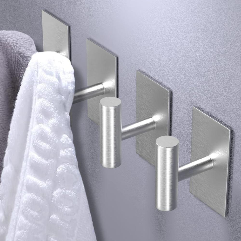 2Pcs Self Adhesive Robe Hanger Holder Stainless Steel Toilet Hanging Rack Bathroom Towel Hooks  Key