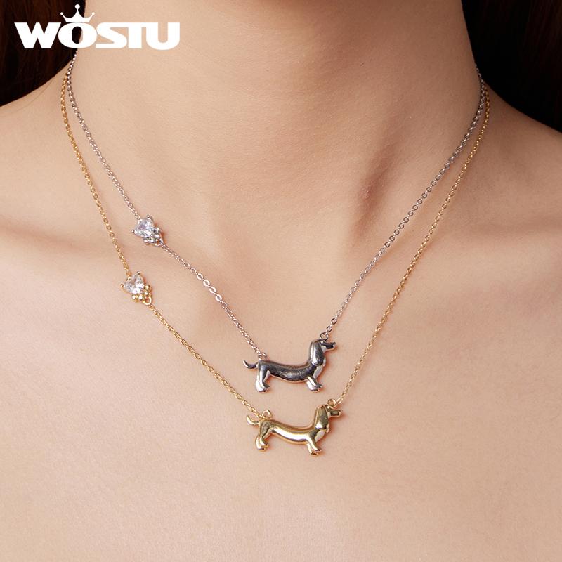 WOSTU 925 Sterling Silver Dachshund Pendant Necklace 18K Gold Pet Paw Chain Link Dog Charm Bracelets Earrings Ring For Pet Lover