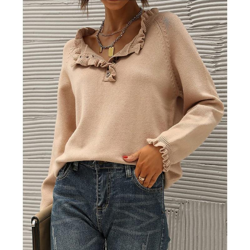 Women S Casual Long Sleeve Pullover Knit Sweater Button Edge Basic Top