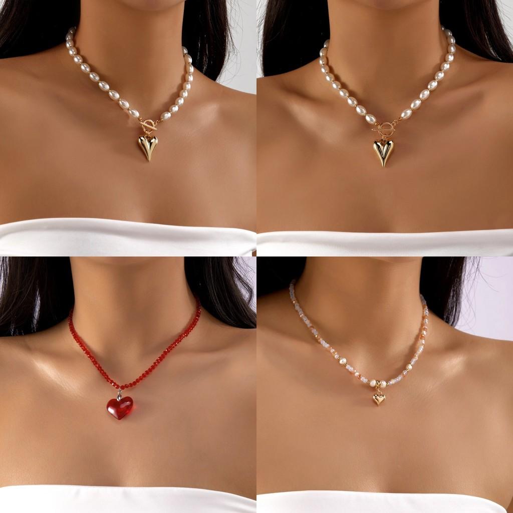 Heart Geometric Necklace With Pearl And Crystal Design For Casual Wear