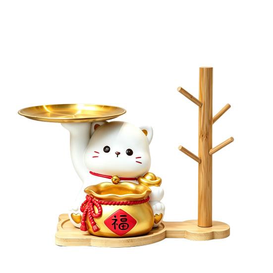 Lucky Cat Key Holder Tray for Entryway Table Resin Fortune Cat