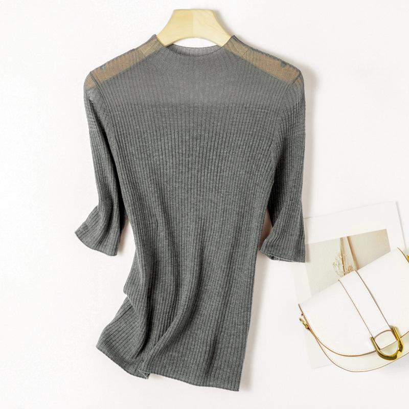 

Женский трикотажный топ из шелка тутового дерева, кашемировой шерсти, прозрачный, с полувысоким воротом и рукавами средней длины Large