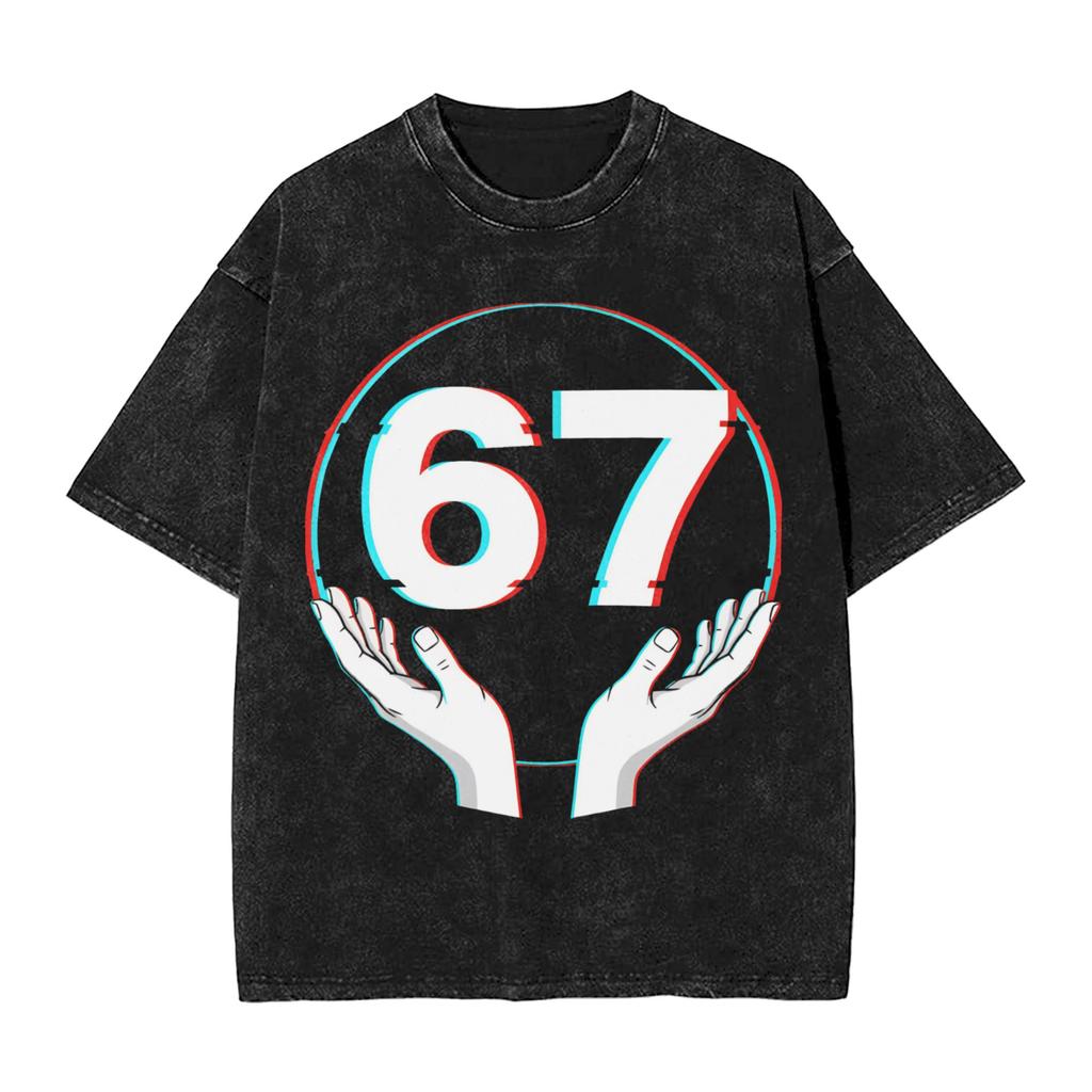 Vintage Washed Tshirt Funny 67 Meme Gen Alpha Slang Skeletal Hands Cotton Tshirts Hip Hop Tee Shirt For Man Beach Casual Tops
