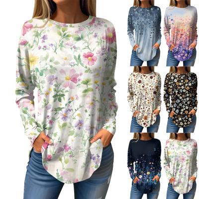 Women's Loose Casual Printed Round Neck Long Sleeved T Shirt Top Pullover Long Sleeved Sweatshirt