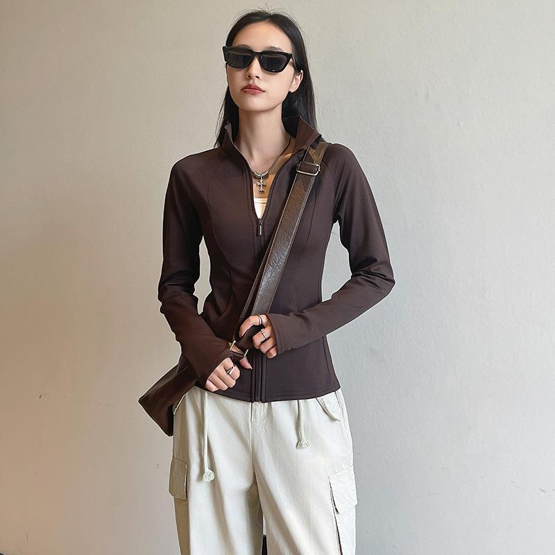 Standing Collar Yoga Coat Women's Casual Sportswear Zipper Slim-fit Plus Fleece Thick Warm Long-sleeved Top