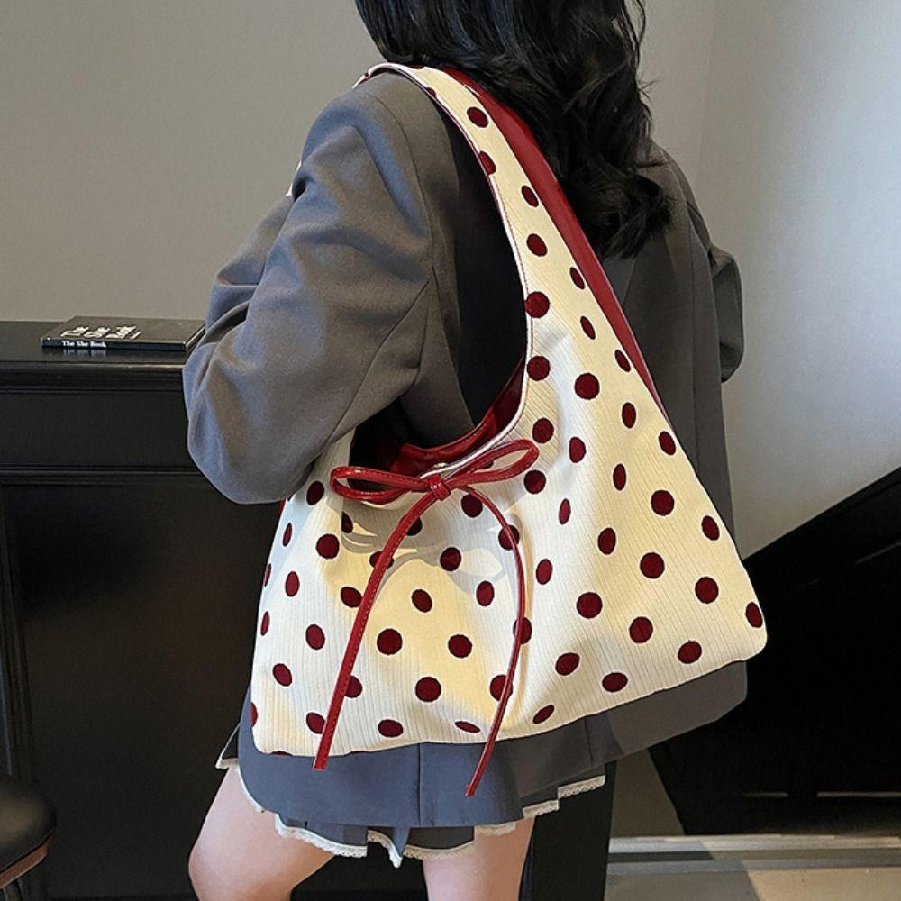 Koreanischer Stil Leinwand-Tragetasche Schleife Unterarmtasche Süße Gepunktete Umhängetasche Damen