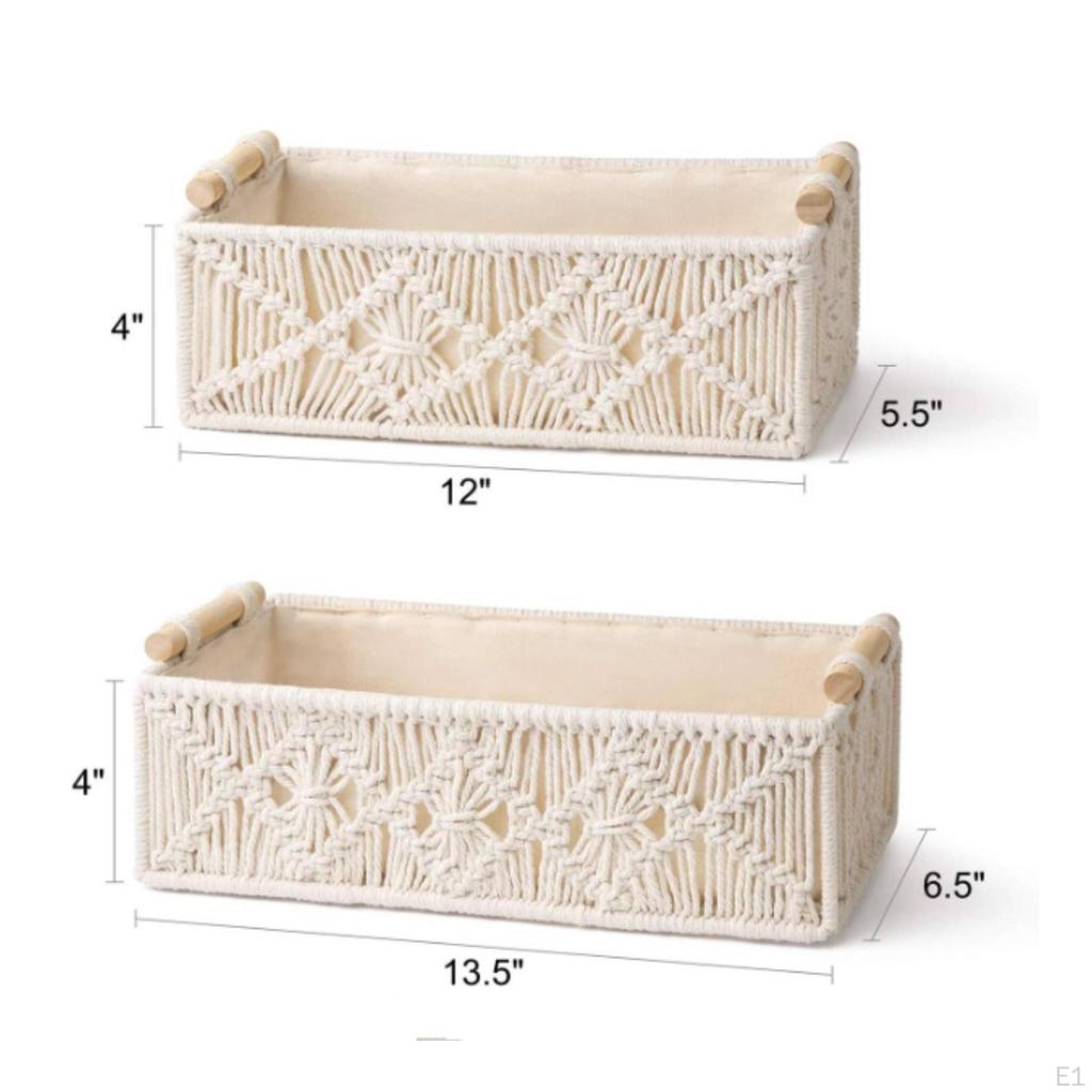 2 Pieces Storage Basket with Wood Handles Rectangular Handwoven Macrame