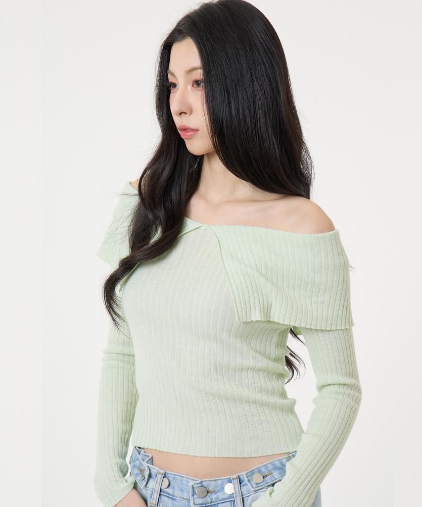 UNKNOWN PLANET Ruffle Boat Neck Long Sleeve Knit Top Green