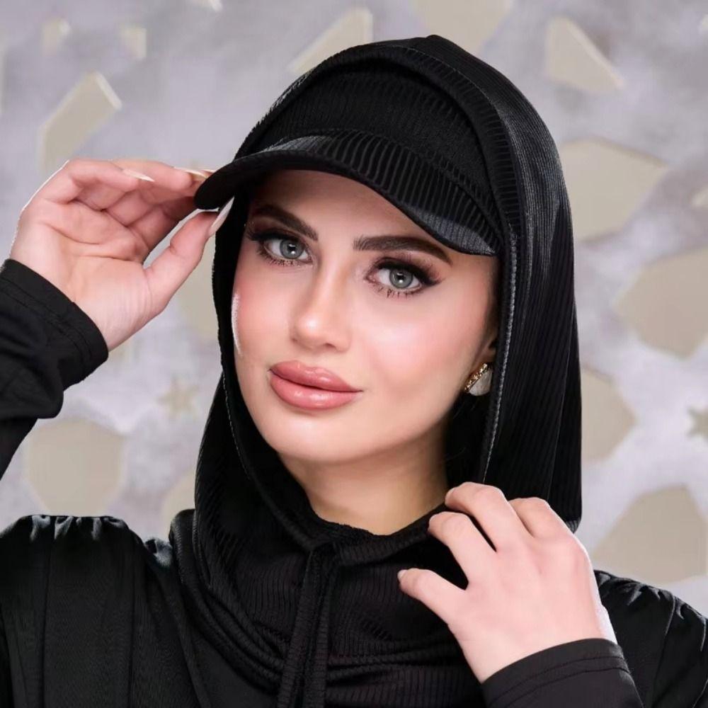 Casual Sun Hat with Hood Solid Color Sun Protection Muslim Headscarf Hat UV Resistant Neck Protection Muslim Turban Cap