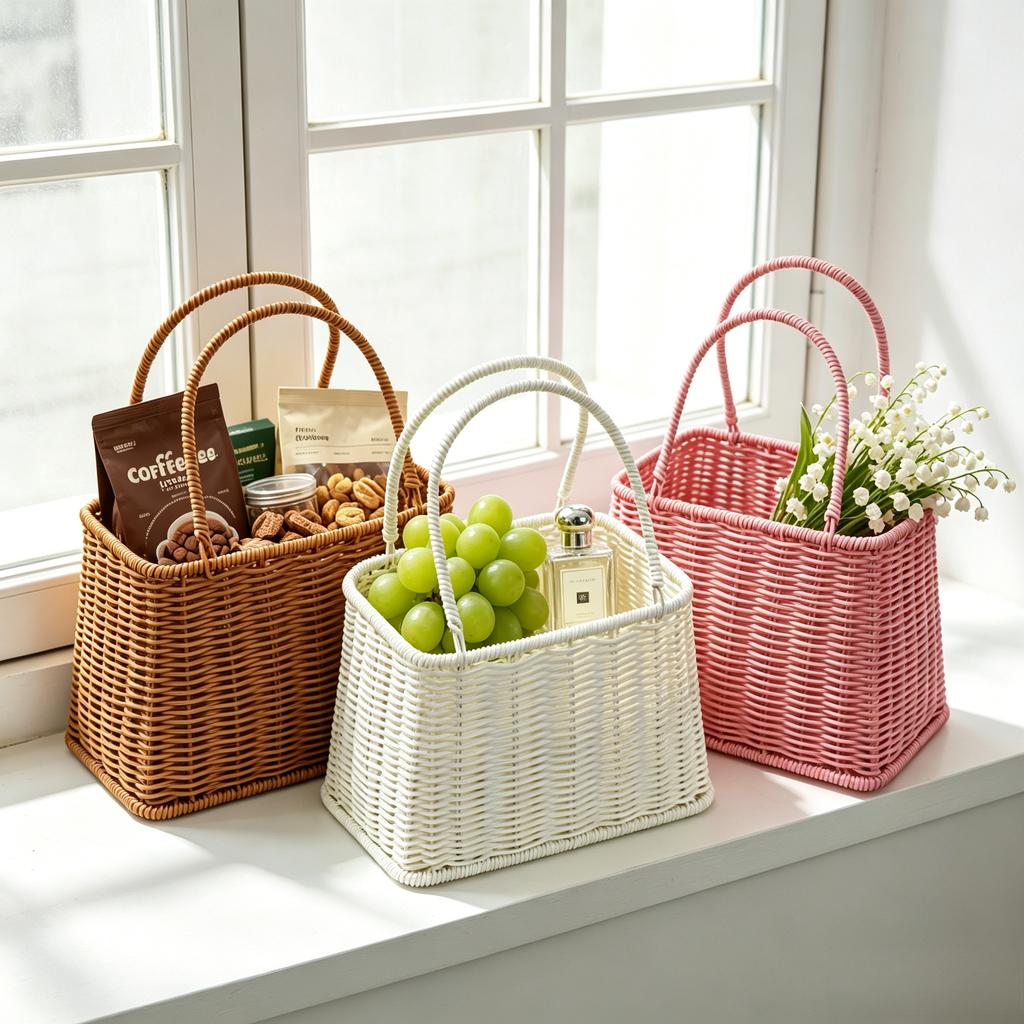 Woven Rattan Tote Basket with Handle for Grocery Shopping Picnic Gift Baskets Kitchen Bathroom Organizing Home Storage and Decor