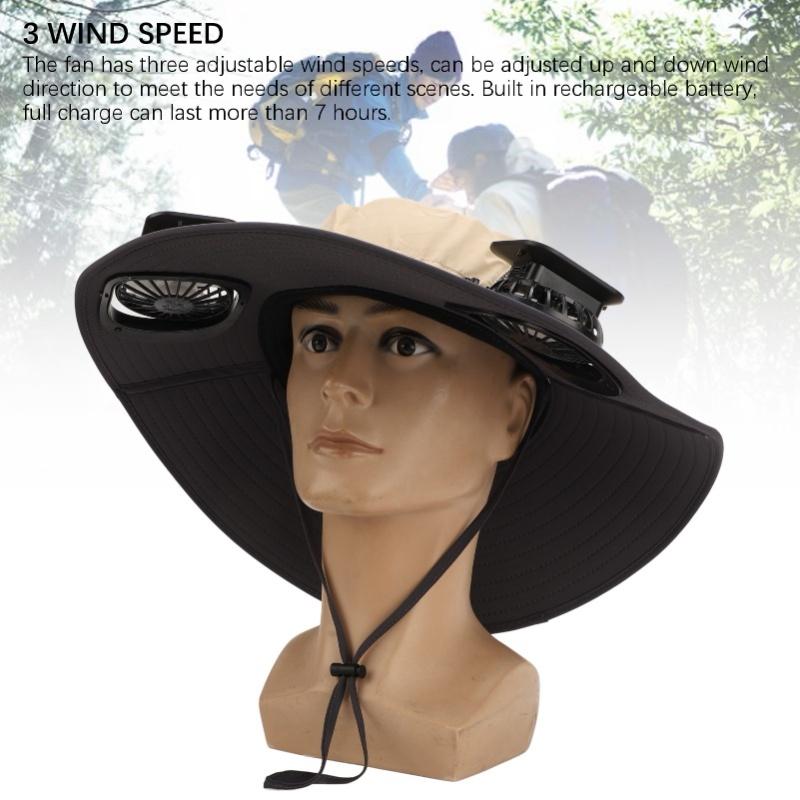 Detachable Sun Fan Hat 3 Speeds Adjustable UPF50 Breathable Wide Brim Sun Bucket Hat With 2 Solar Fan For Men